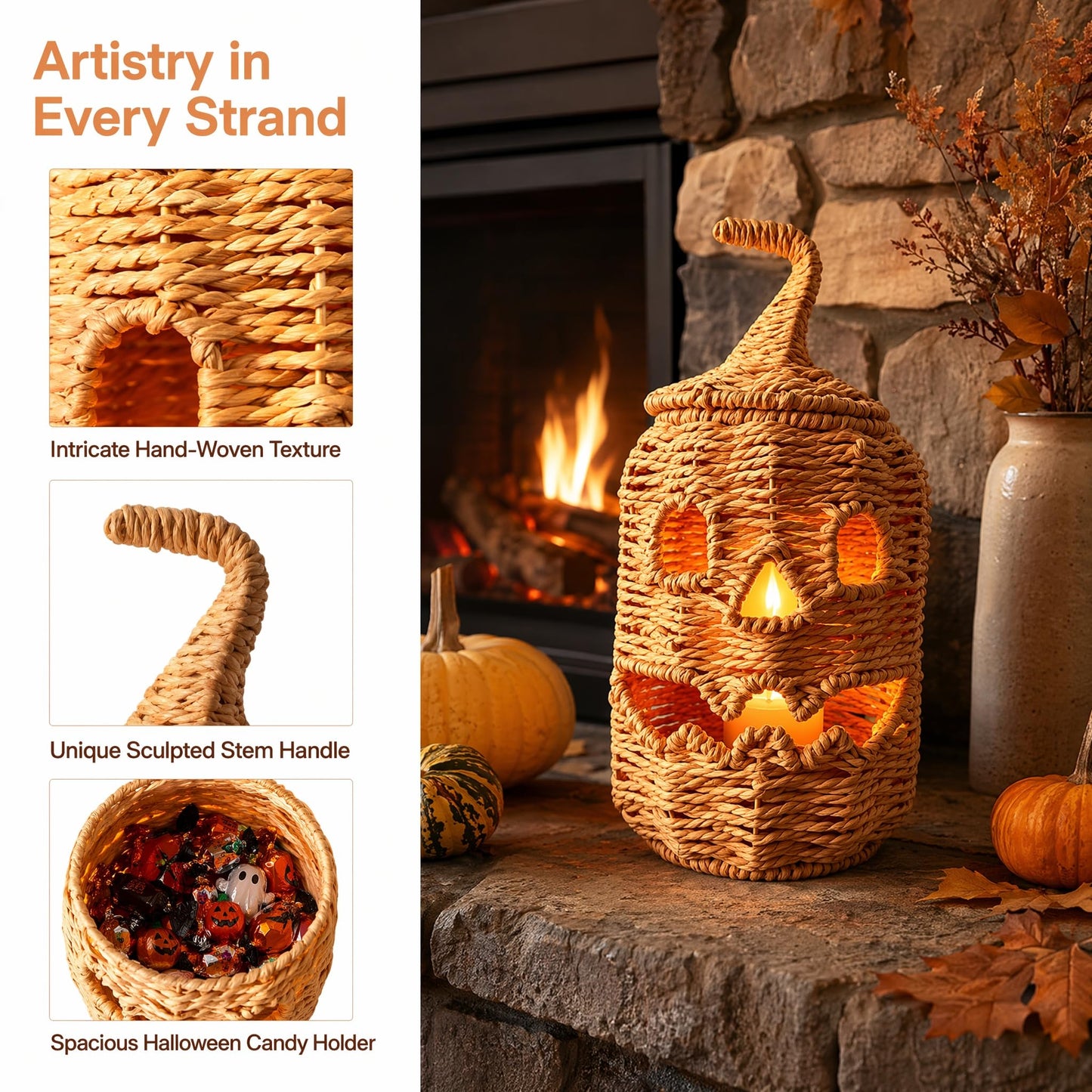 Rattan Lantern Pumpkin Candle Holder with Witch Hat Shape Lid