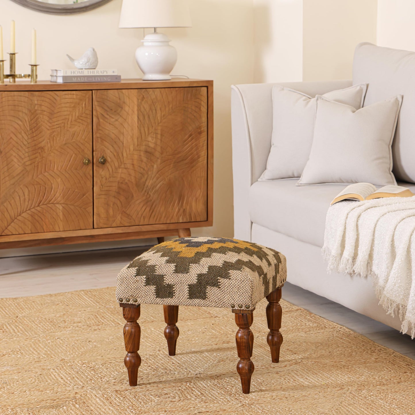 Handmade Jute Ottoman Stool with Wooden Legs