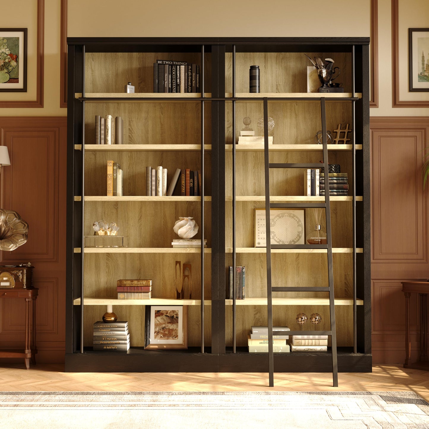 Bookcase Wall with Ladder Black & Wood Grain
