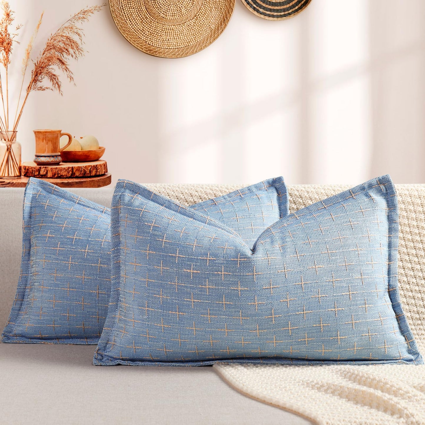 ZWJD Pillow Covers 18x18 Set of 2 Soft Polyester Textured Pillow Covers with Stylish Flange Edge Cozy Farmhouse Throw Pillows for Couch Bed Sofa Living Room