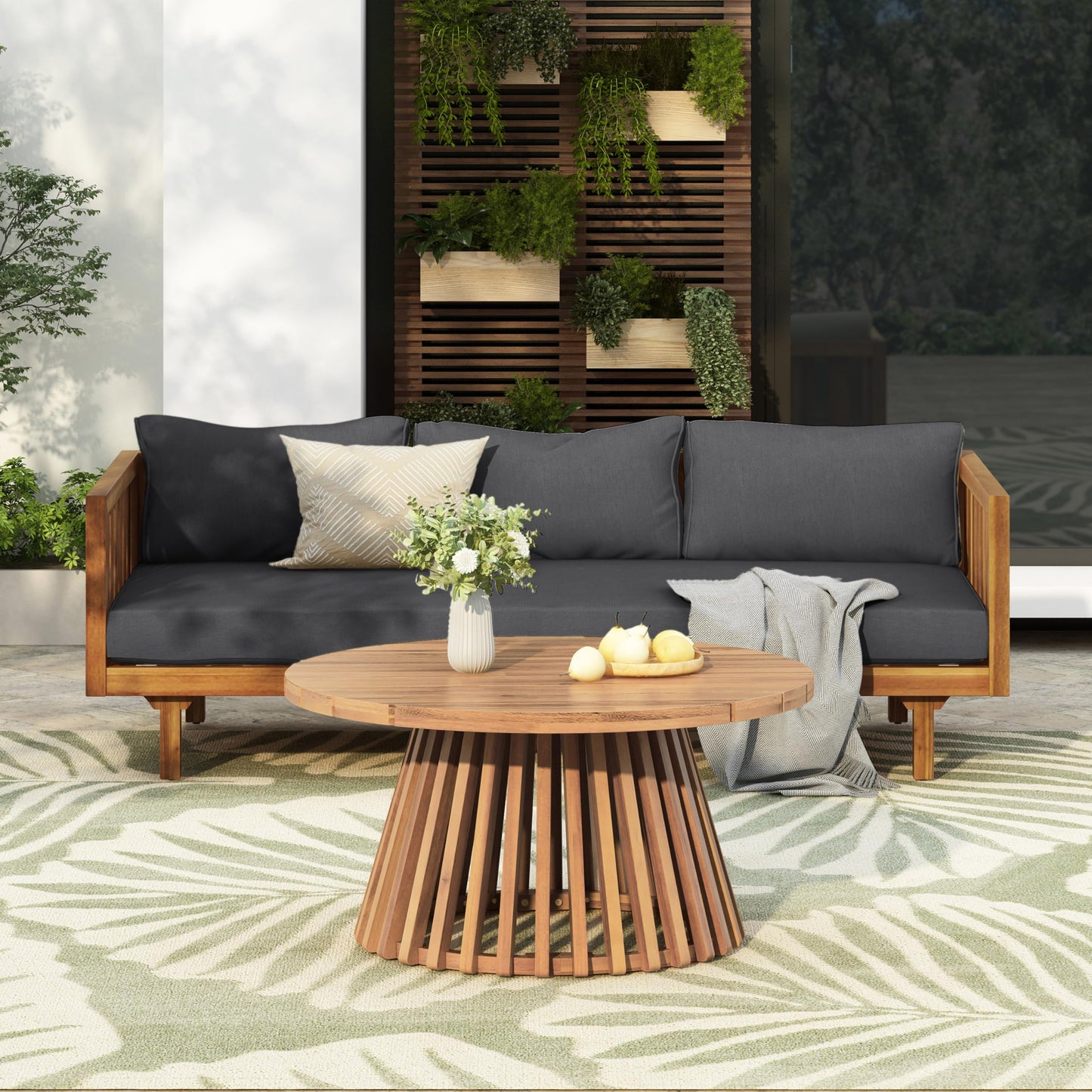 Outdoor Acacia Wood Conversation Set, 3-Seat Loveseat Sofa w/Cushion and Round Coffee Table for Backyard, Patio Furniture, Teak+Beige