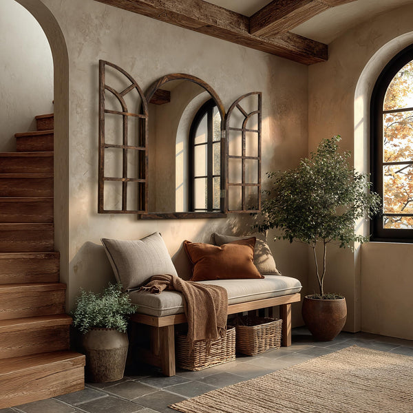 Vintage Arched Wall Mirror with Wood Window Frame