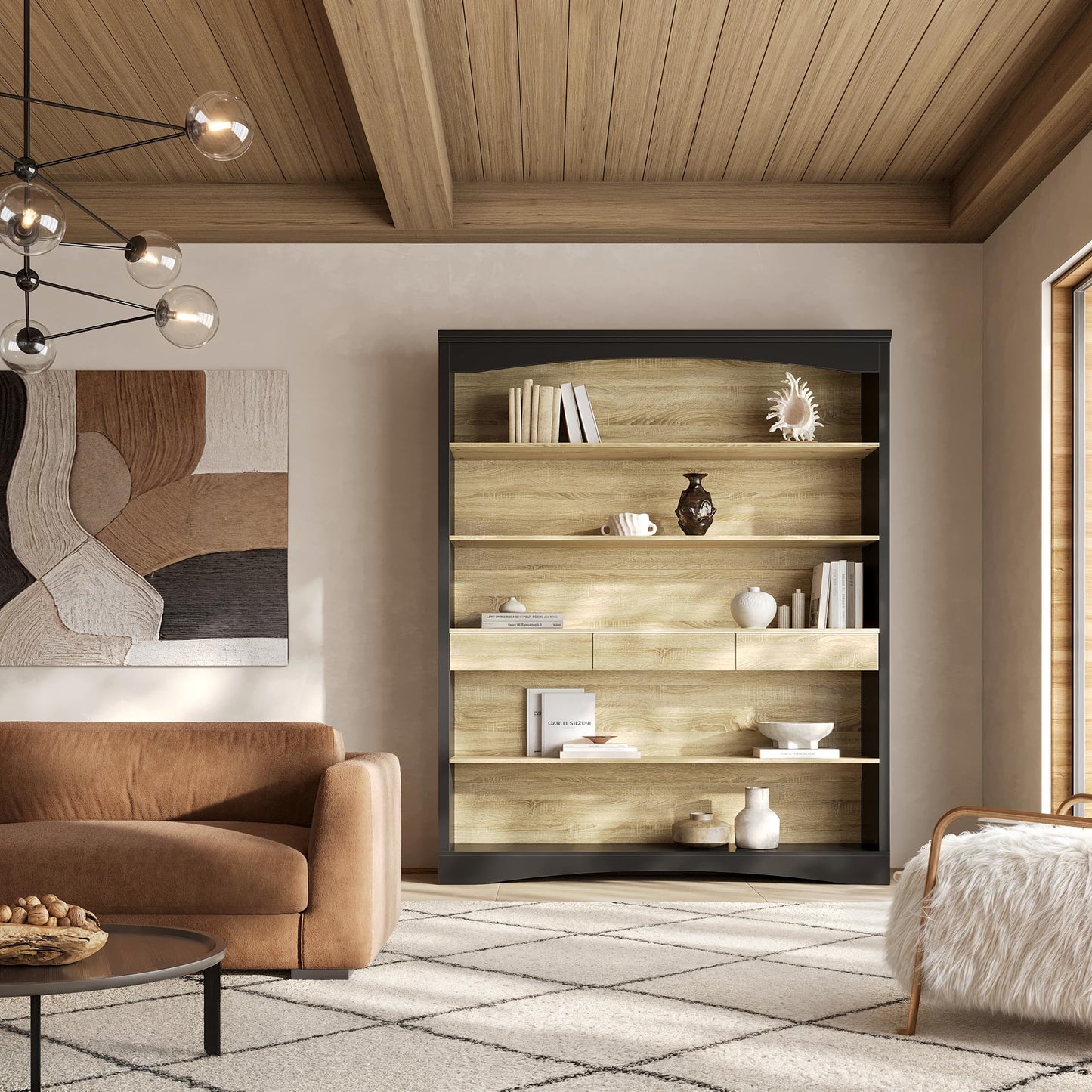 Bookcase Wall with Ladder Black & Wood Grain