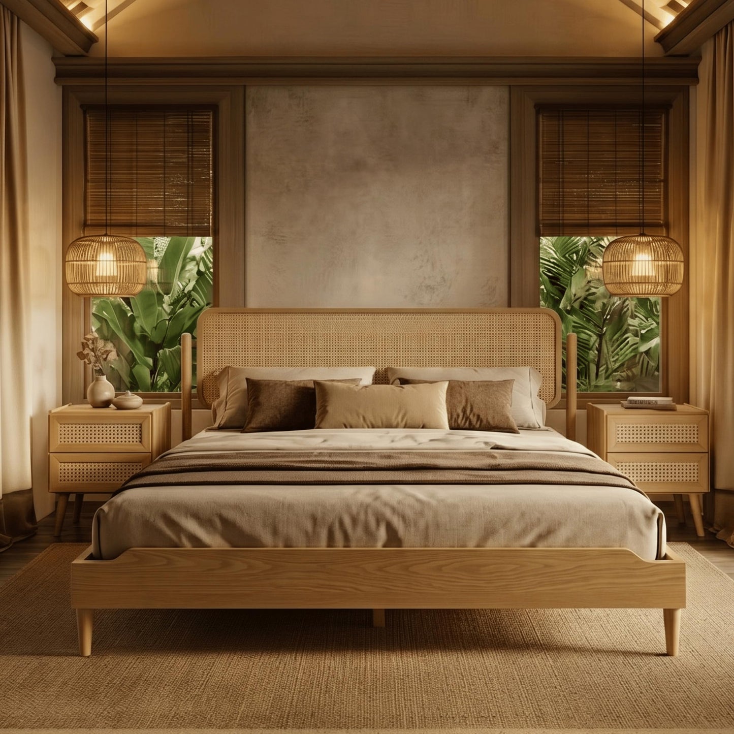King Platform Bed with Natural Rattan Headboard