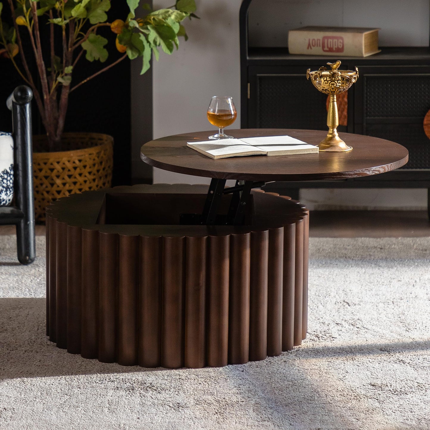 WILLIAMSPACE 43.31" Rectangle Coffee Table with Burl Wood Veneer & Sturdy Base, Modern Luxury Wood Drum Center Table End Table Accent Side Table for Living Room, Minimalist Fluted Design, Oak