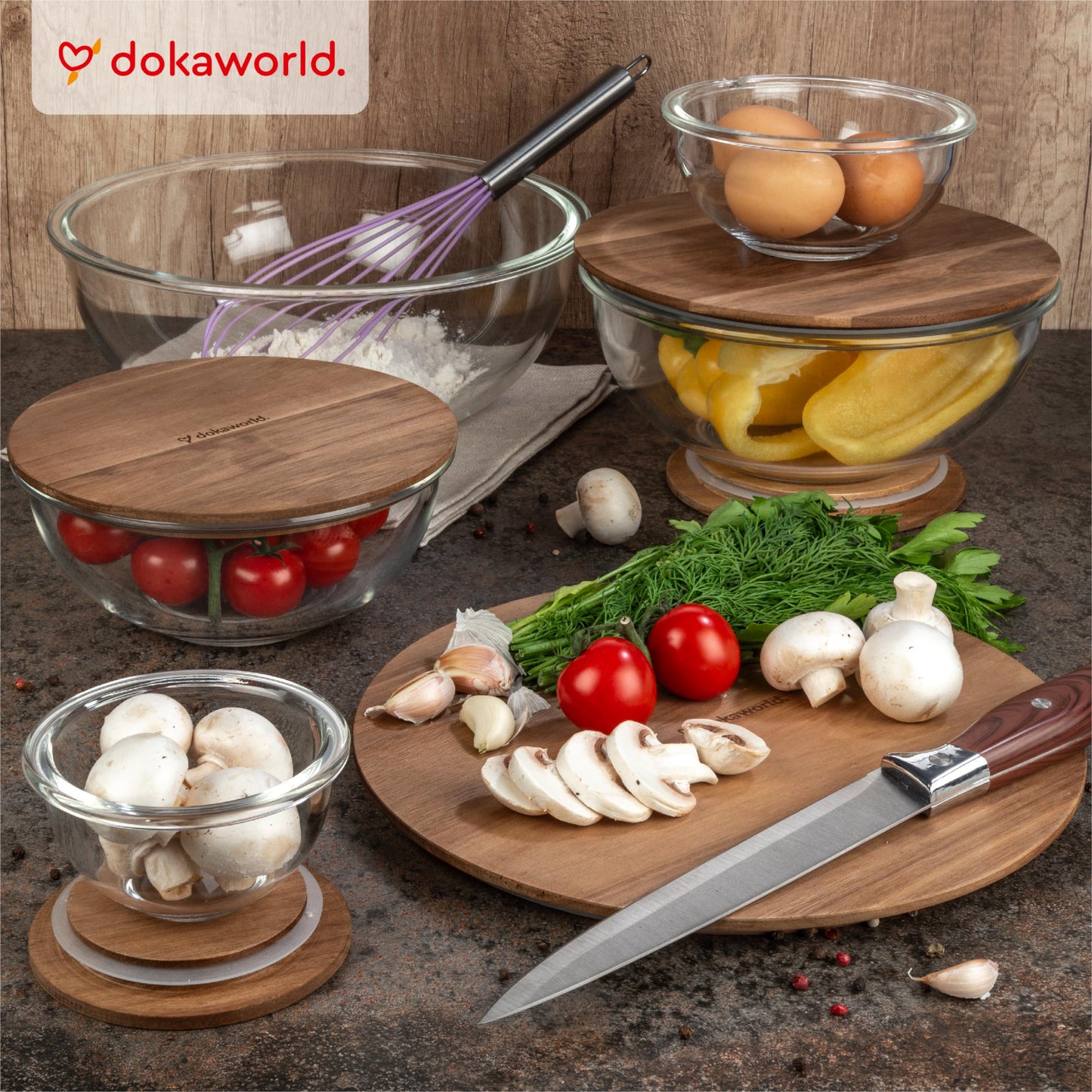 Glass Container Set with Acacia Lids - 4 Stackable Meal Prep Containers. Durable heat resistant Inert Borosilicate Glass