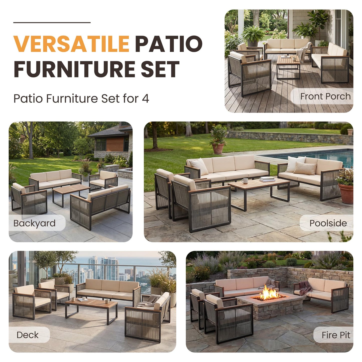 5 Piece Patio Conversation Set for 7, Modular Patio Sofa Couch with Cushions, Rattan Outdoor Patio Furniture Set with Loveseat/Coffee Table, Outdoor Sectional Furniture for Deck/Porch, Beige