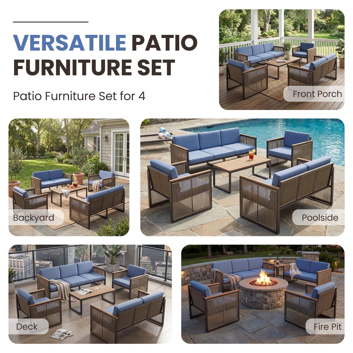5 Piece Patio Conversation Set for 7, Modular Patio Sofa Couch with Cushions, Rattan Outdoor Patio Furniture Set with Loveseat/Coffee Table, Outdoor Sectional Furniture for Deck/Porch, Beige