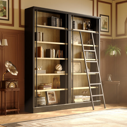 Bookcase Wall with Ladder Black & Wood Grain