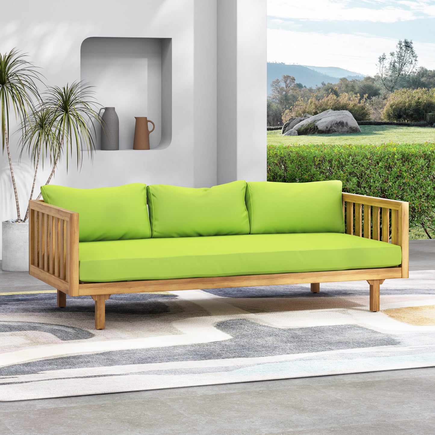 Outdoor Acacia Wood Conversation Set, 3-Seat Loveseat Sofa w/Cushion and Round Coffee Table for Backyard, Patio Furniture, Teak+Beige