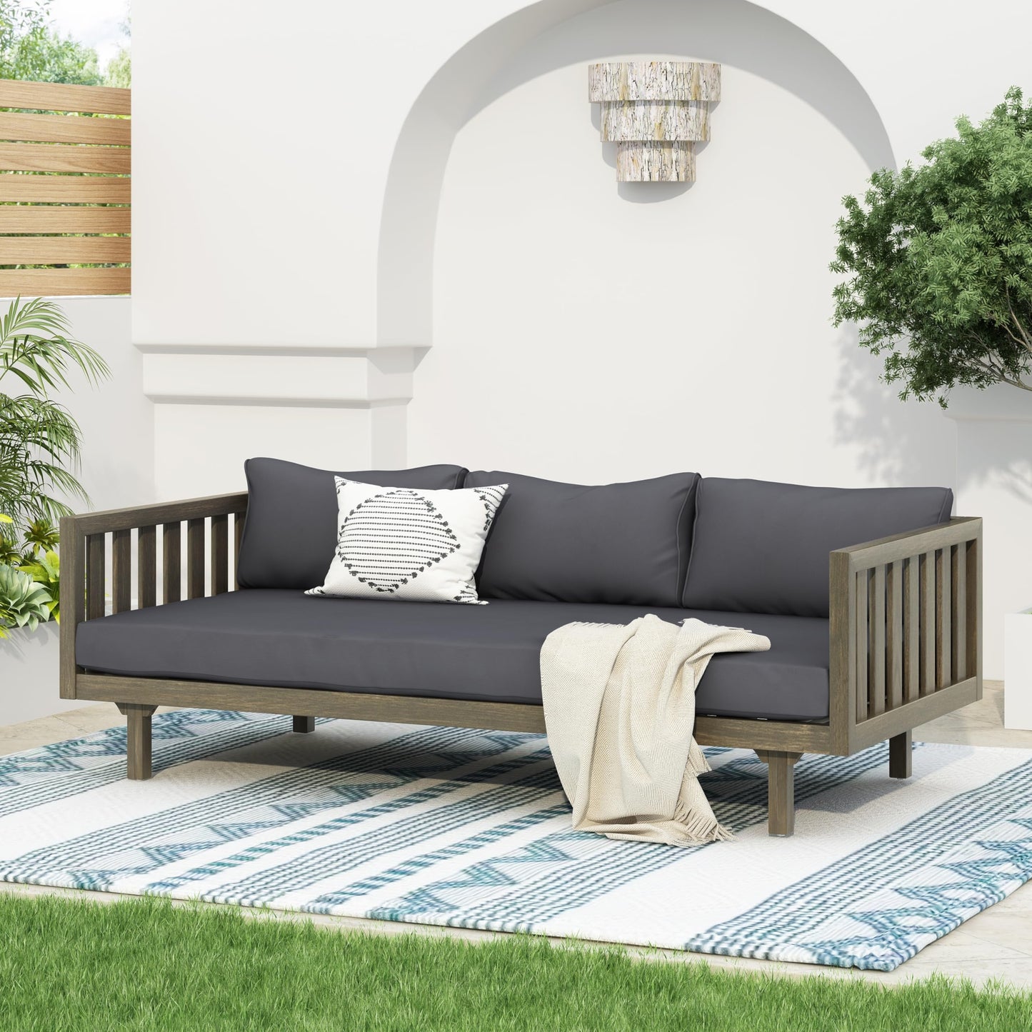 Outdoor Acacia Wood Conversation Set, 3-Seat Loveseat Sofa w/Cushion and Round Coffee Table for Backyard, Patio Furniture, Teak+Beige