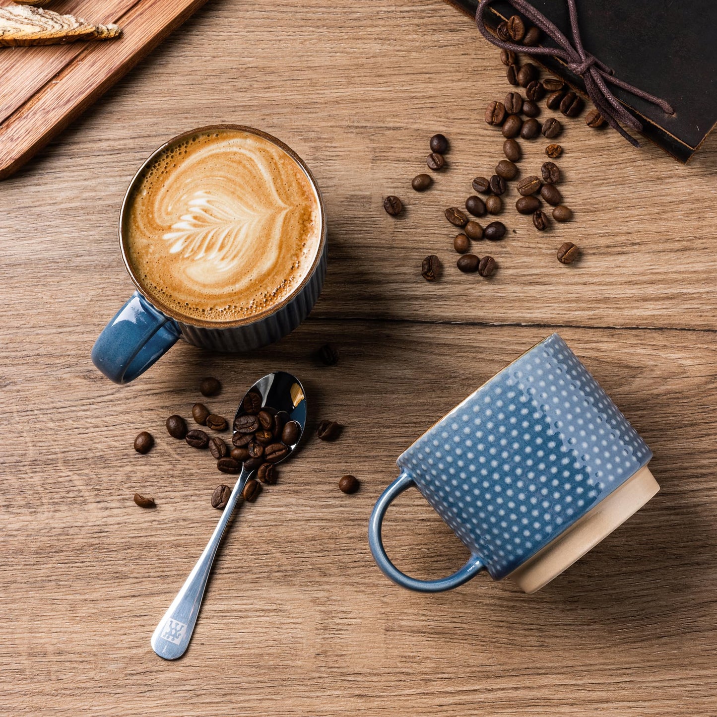 GBhome 12OZ Stackable Coffee Mugs, Ceramic Coffee Mugs with Texture Patterns for Man,Woman,Dad,Mom, Modern Coffee Mugs Set of 4 for Latte/Cappuccino/Cocoa. Dishwasher&Microwave Safe, Pale Khaki