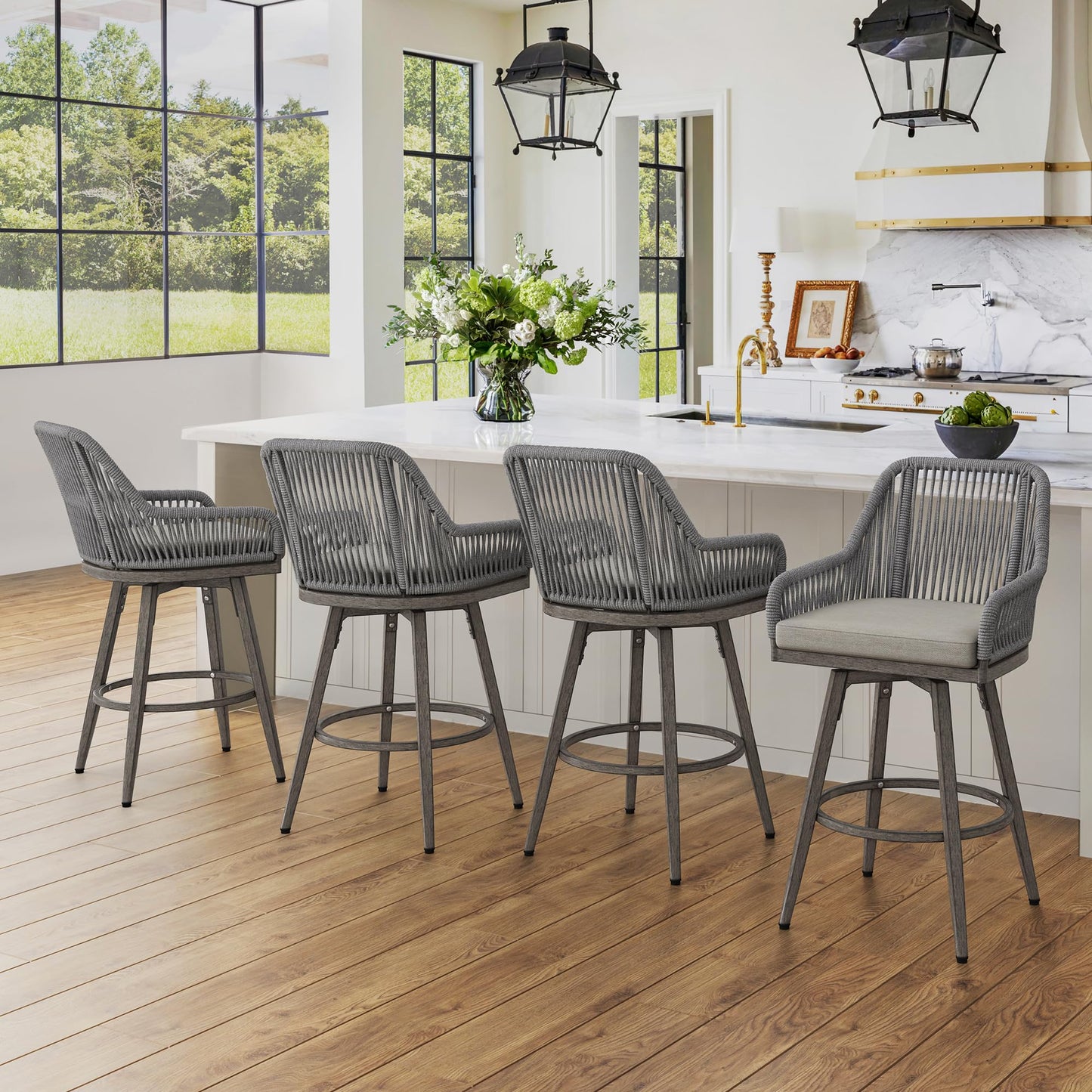 Swivel Outdoor Bar Stools Set of 4, with Armrest