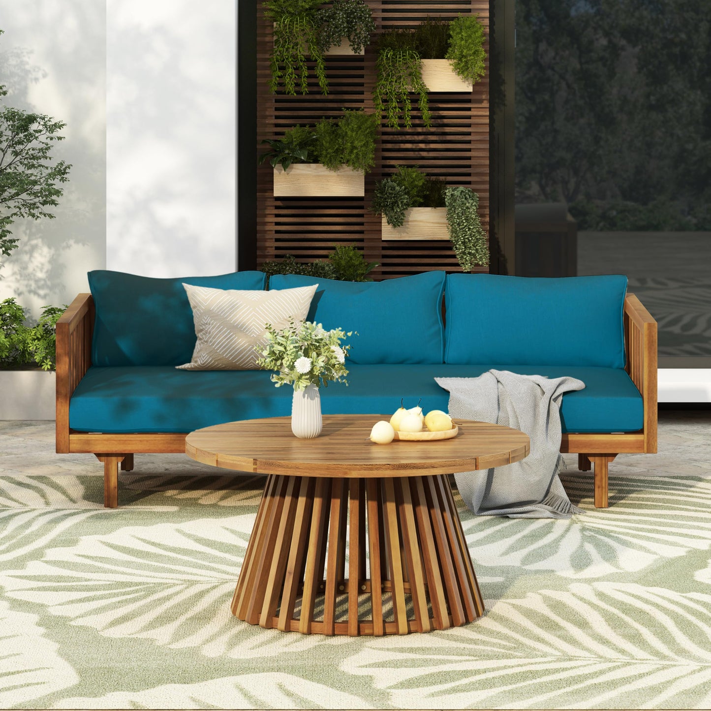 Outdoor Acacia Wood Conversation Set, 3-Seat Loveseat Sofa w/Cushion and Round Coffee Table for Backyard, Patio Furniture, Teak+Beige