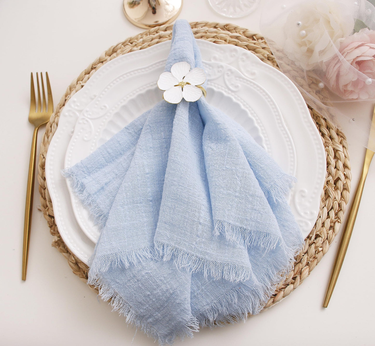 Cloth Napkins with Fringe Set of 12,100% Soft Cotton, Gauze Washable Easter Napkins for Wedding Decorative Dinner Parties, Valentine's Day (16''*16'') Light Blue