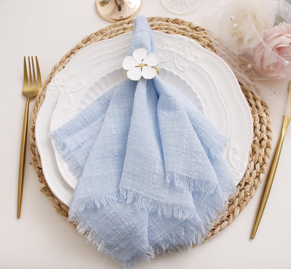 Cloth Napkins with Fringe Set of 12,100% Soft Cotton, Gauze Washable Easter Napkins for Wedding Decorative Dinner Parties, Valentine's Day (16''*16'') Light Blue