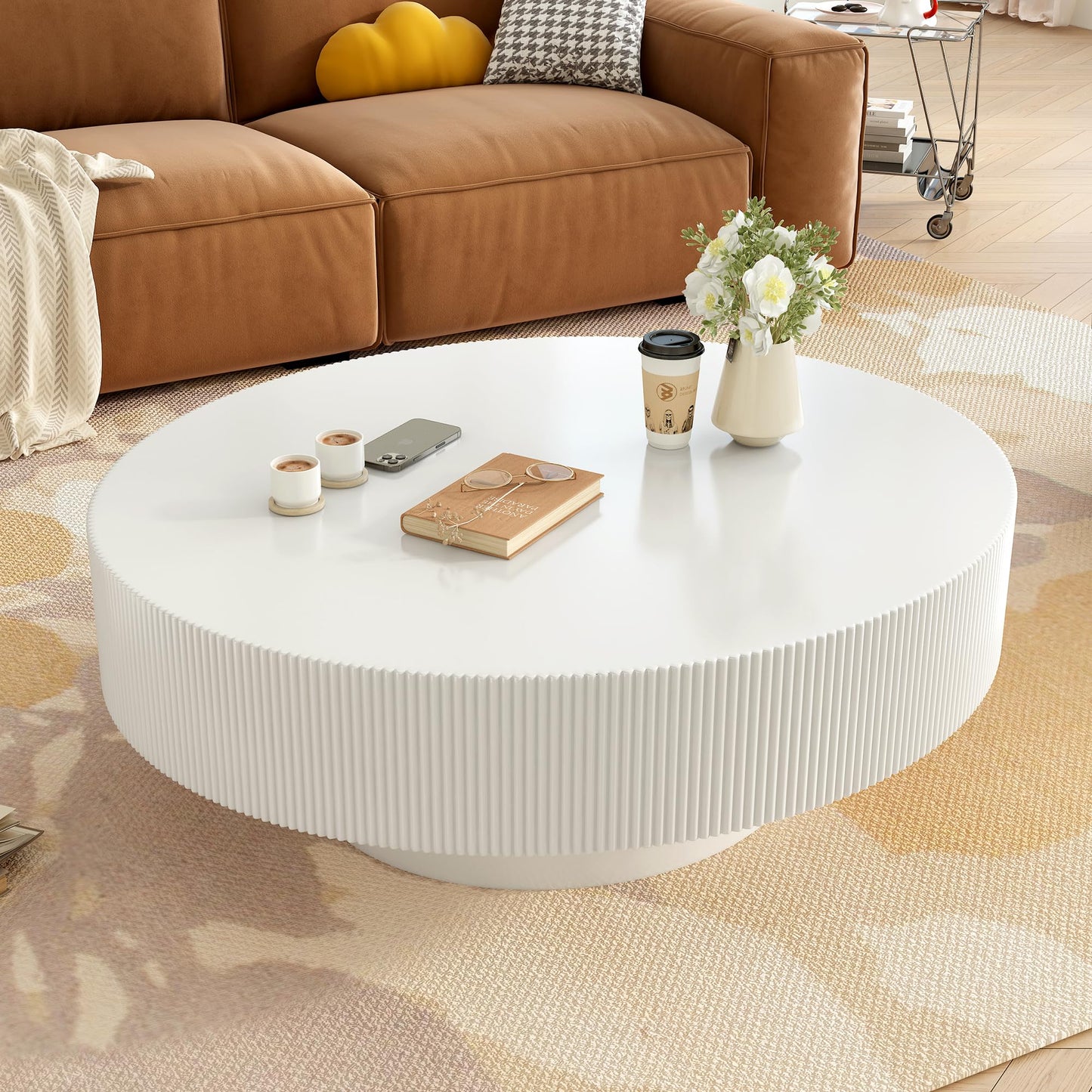 WILLIAMSPACE 43.31" Rectangle Coffee Table with Burl Wood Veneer & Sturdy Base, Modern Luxury Wood Drum Center Table End Table Accent Side Table for Living Room, Minimalist Fluted Design, Oak