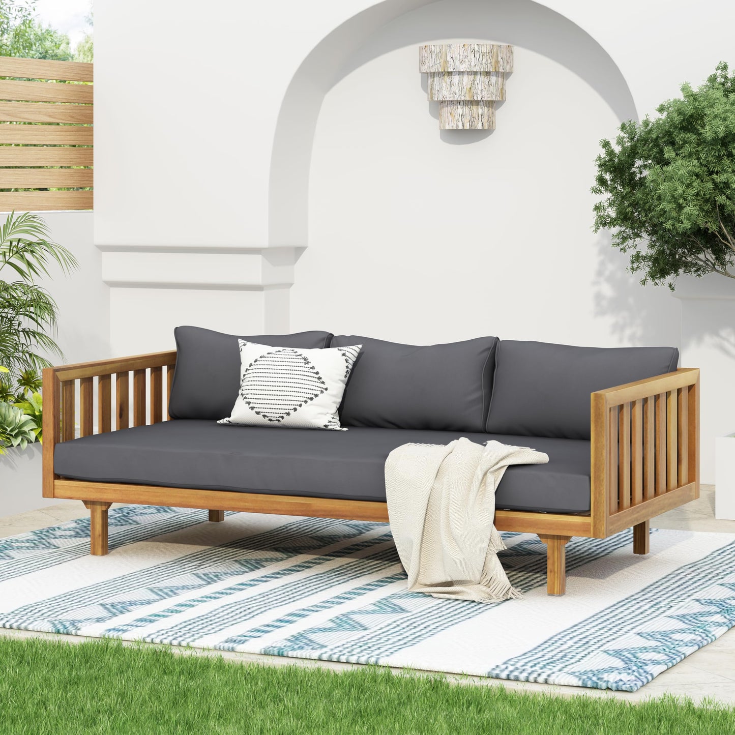 Outdoor Acacia Wood Conversation Set, 3-Seat Loveseat Sofa w/Cushion and Round Coffee Table for Backyard, Patio Furniture, Teak+Beige