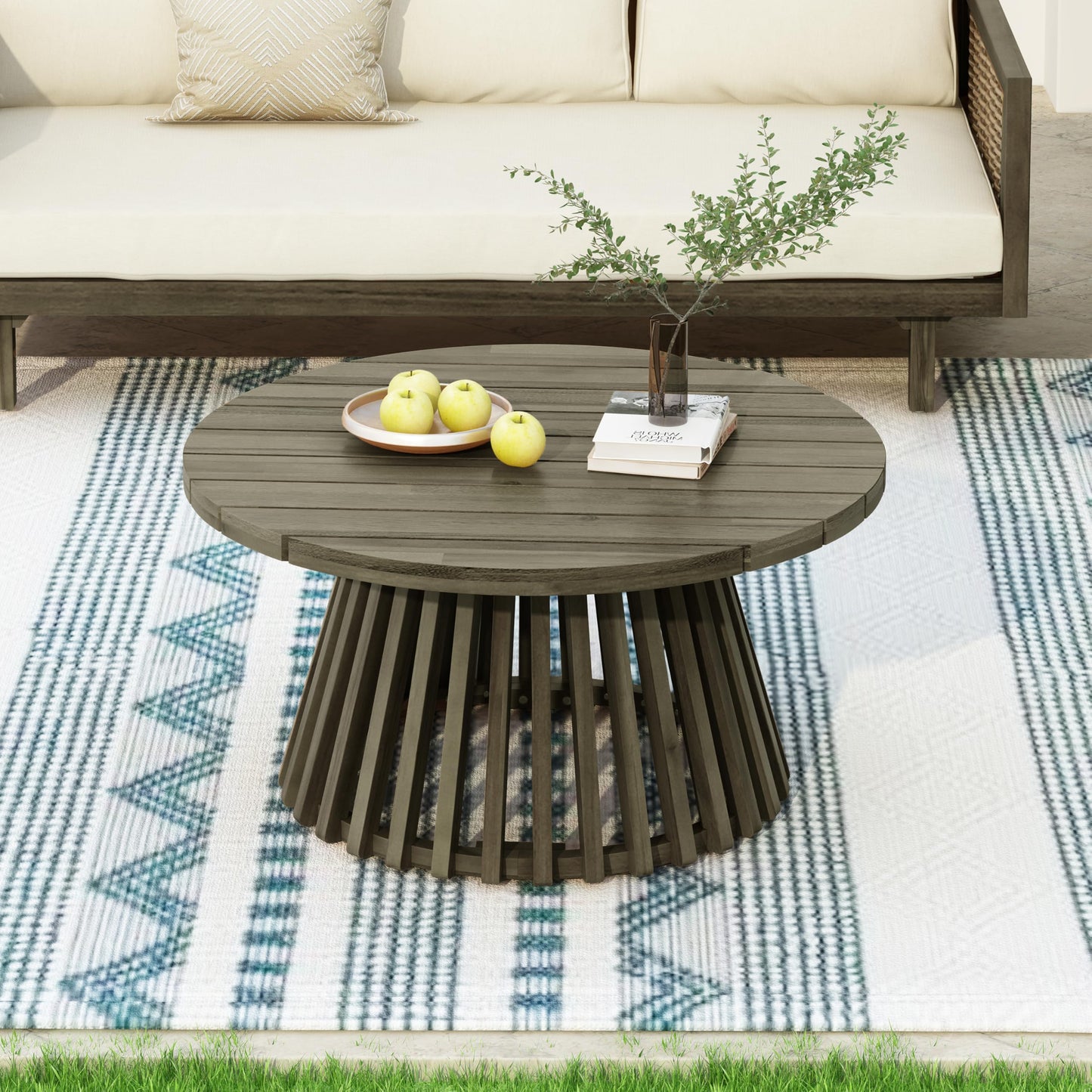 Outdoor Acacia Wood Conversation Set, 3-Seat Loveseat Sofa w/Cushion and Round Coffee Table for Backyard, Patio Furniture, Teak+Beige