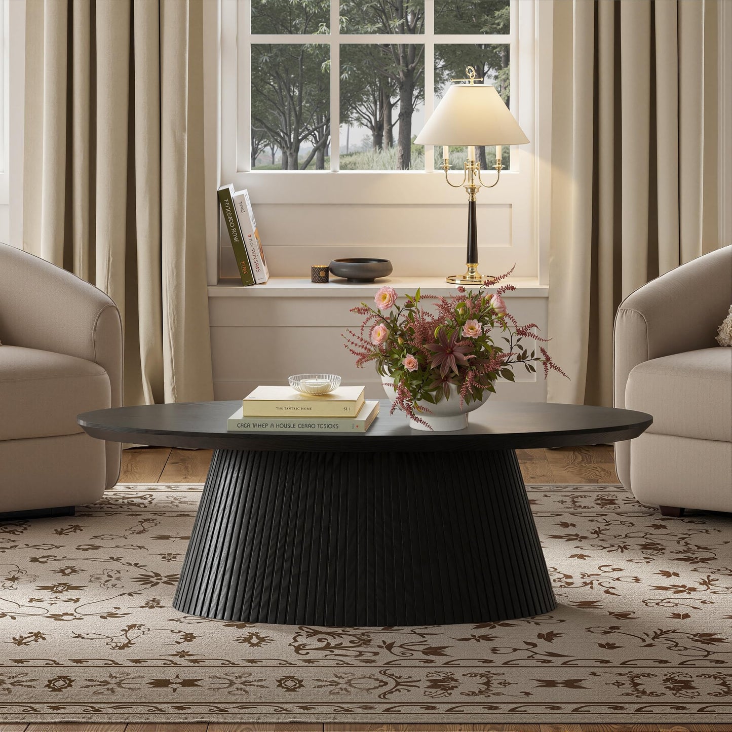 win2win Oval Coffee Table, Mid Century Modern Coffee Table with Fluted Design, Small Funky Tea Table with Wood Grain Veneer, Minimalist Center Table for Living Room, Apartment, Office, Walnut