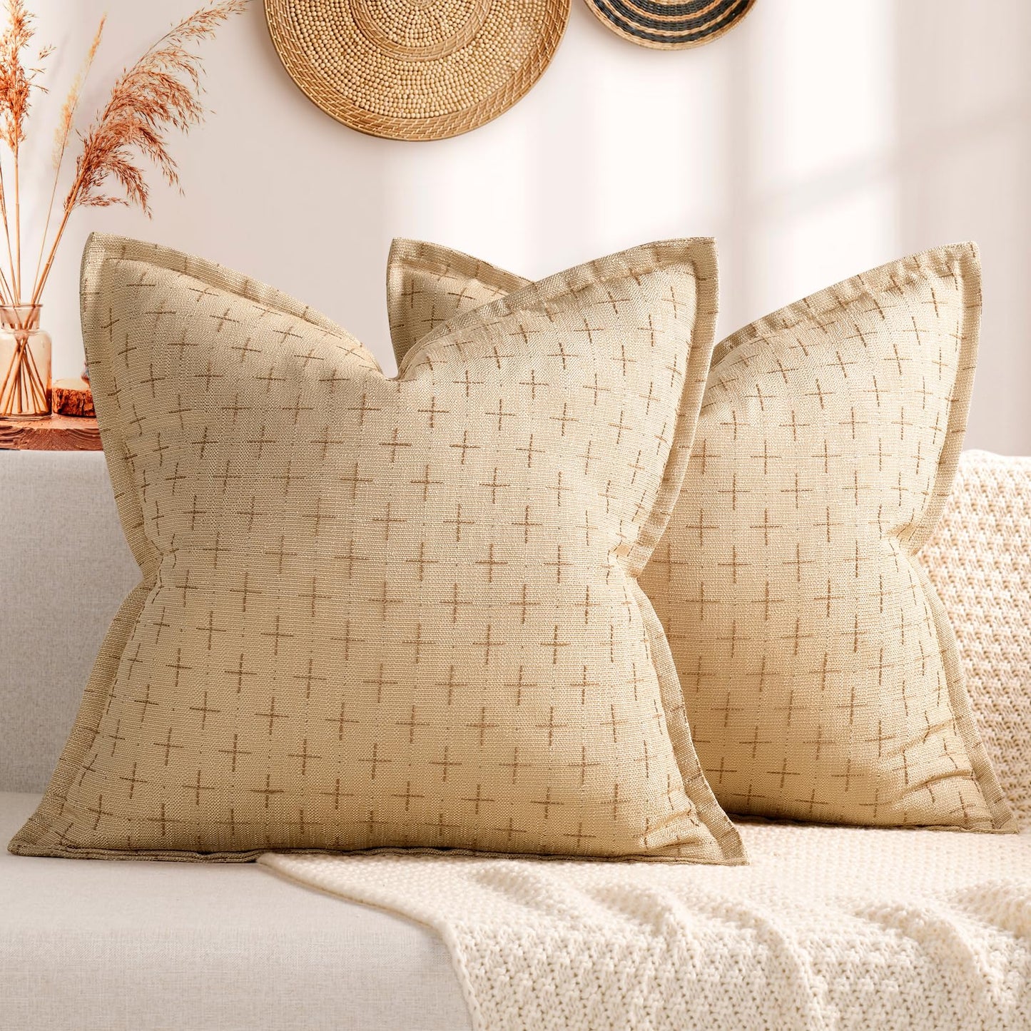 ZWJD Pillow Covers 18x18 Set of 2 Soft Polyester Textured Pillow Covers with Stylish Flange Edge Cozy Farmhouse Throw Pillows for Couch Bed Sofa Living Room