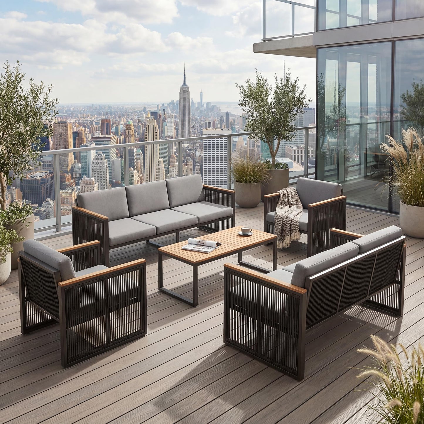 5 Piece Patio Conversation Set for 7, Modular Patio Sofa Couch with Cushions, Rattan Outdoor Patio Furniture Set with Loveseat/Coffee Table, Outdoor Sectional Furniture for Deck/Porch, Beige