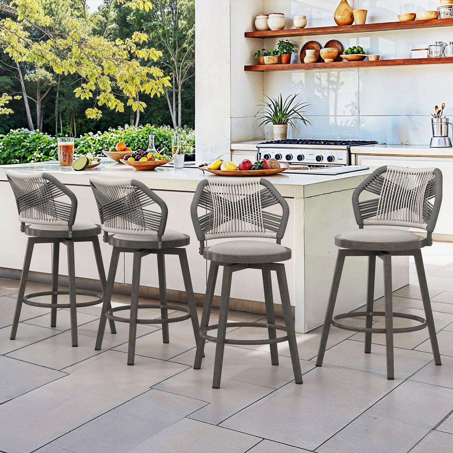 Swivel Outdoor Bar Stools Set of 4, with Armrest