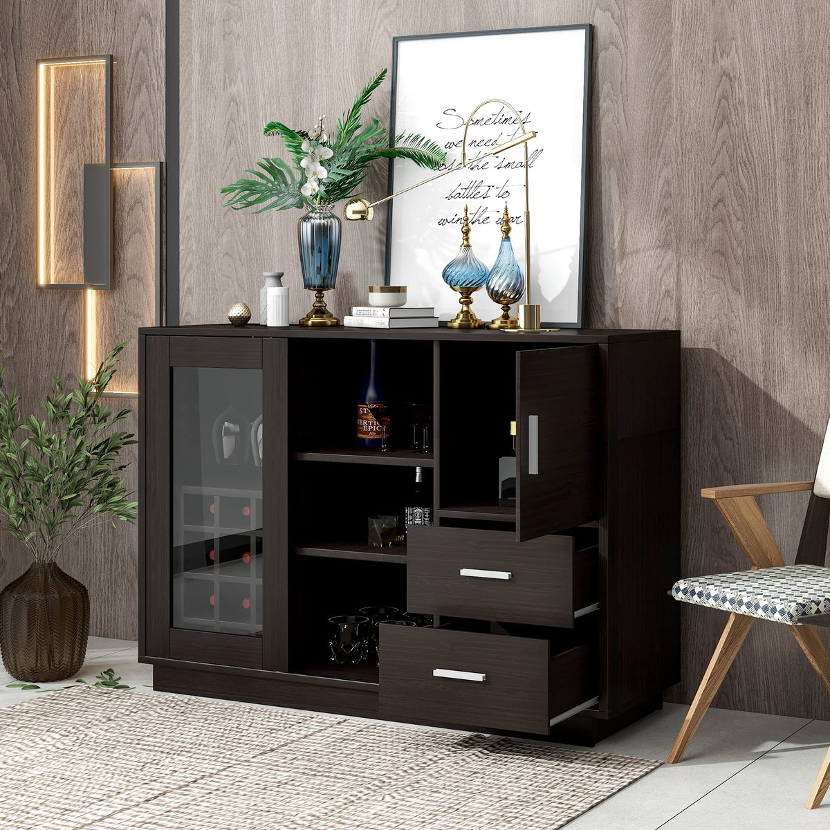 51" Modern Coffee Bar Cabinet with Fridge Space & 2 Drawers