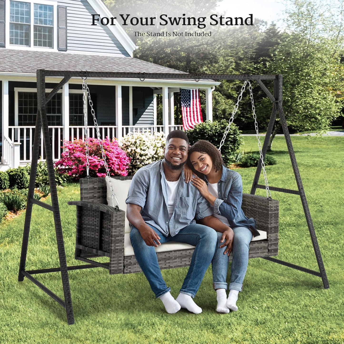VINGLI 2.4 FT 1-Person Use Round Rattan Porch Swing Outdoor Support 440 LBS with Cushions & Adjustable Chains, Patio Wicker Swing Bench Chair for Garden, Yard, Lawn, Tree, Brown