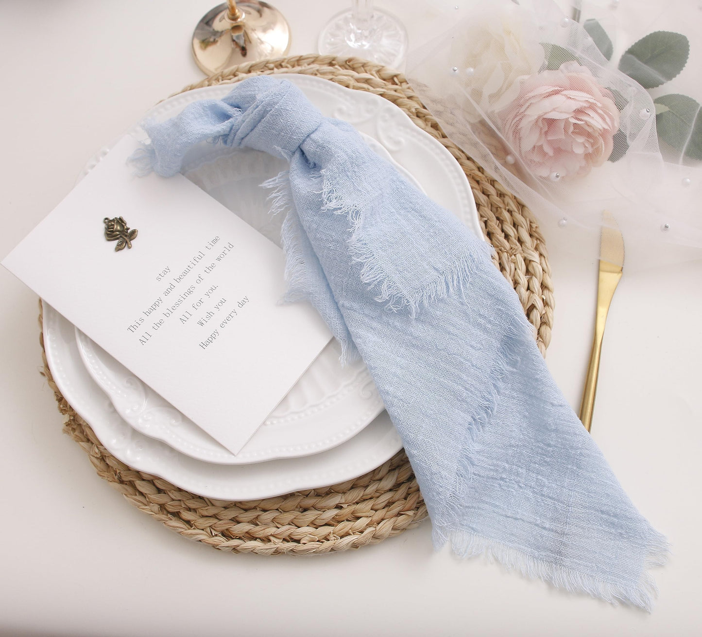 Cloth Napkins with Fringe Set of 12,100% Soft Cotton, Gauze Washable Easter Napkins for Wedding Decorative Dinner Parties, Valentine's Day (16''*16'') Light Blue