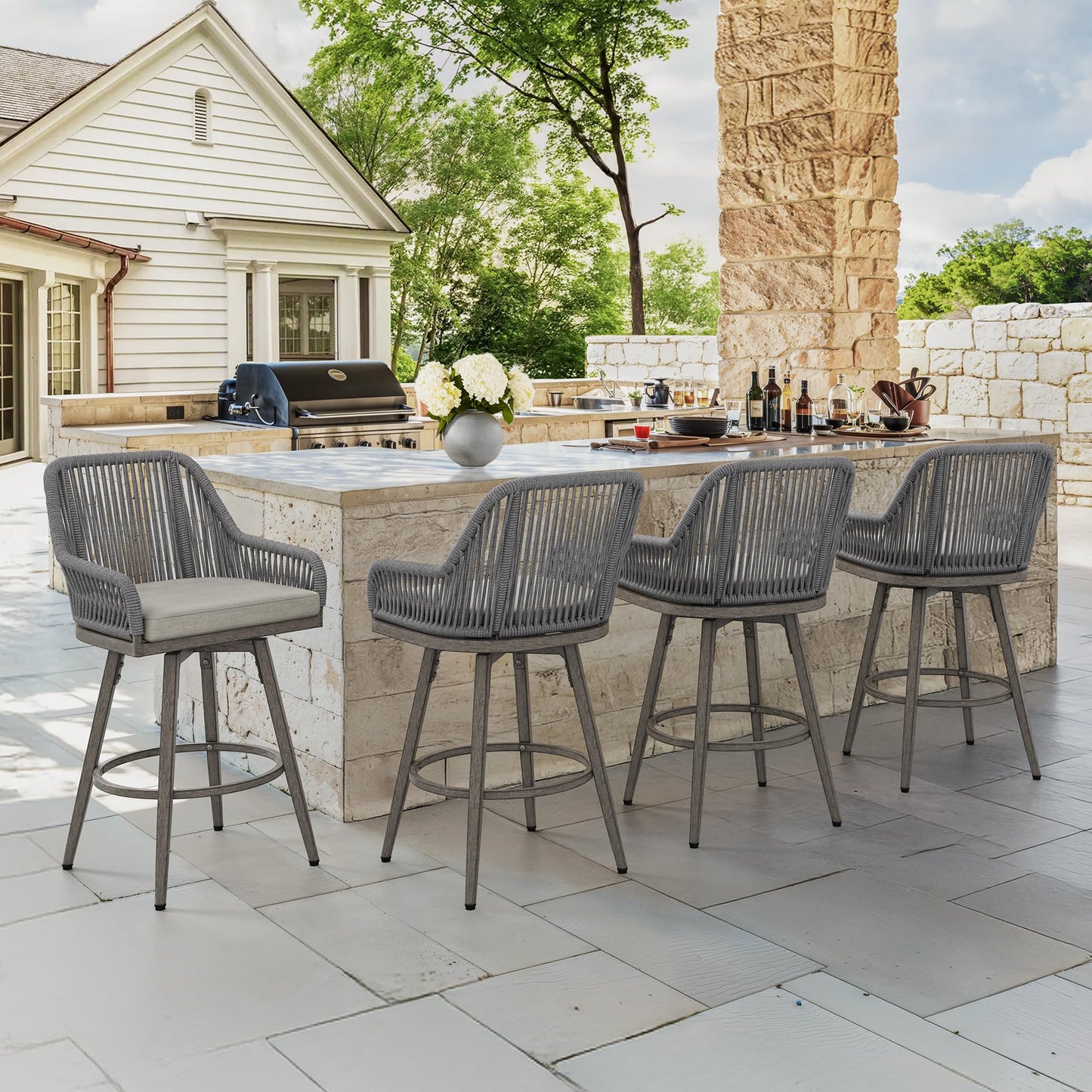 Swivel Outdoor Bar Stools Set of 4, with Armrest