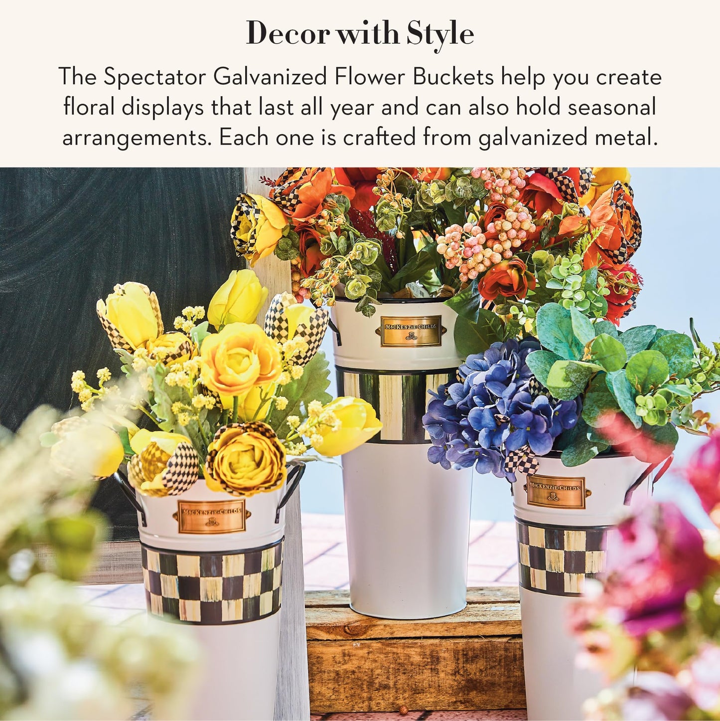 MACKENZIE-CHILDS Set of 3 Galvanized Flower Buckets, Decorative Metal Buckets, Black-and-White Courtly Stripe
