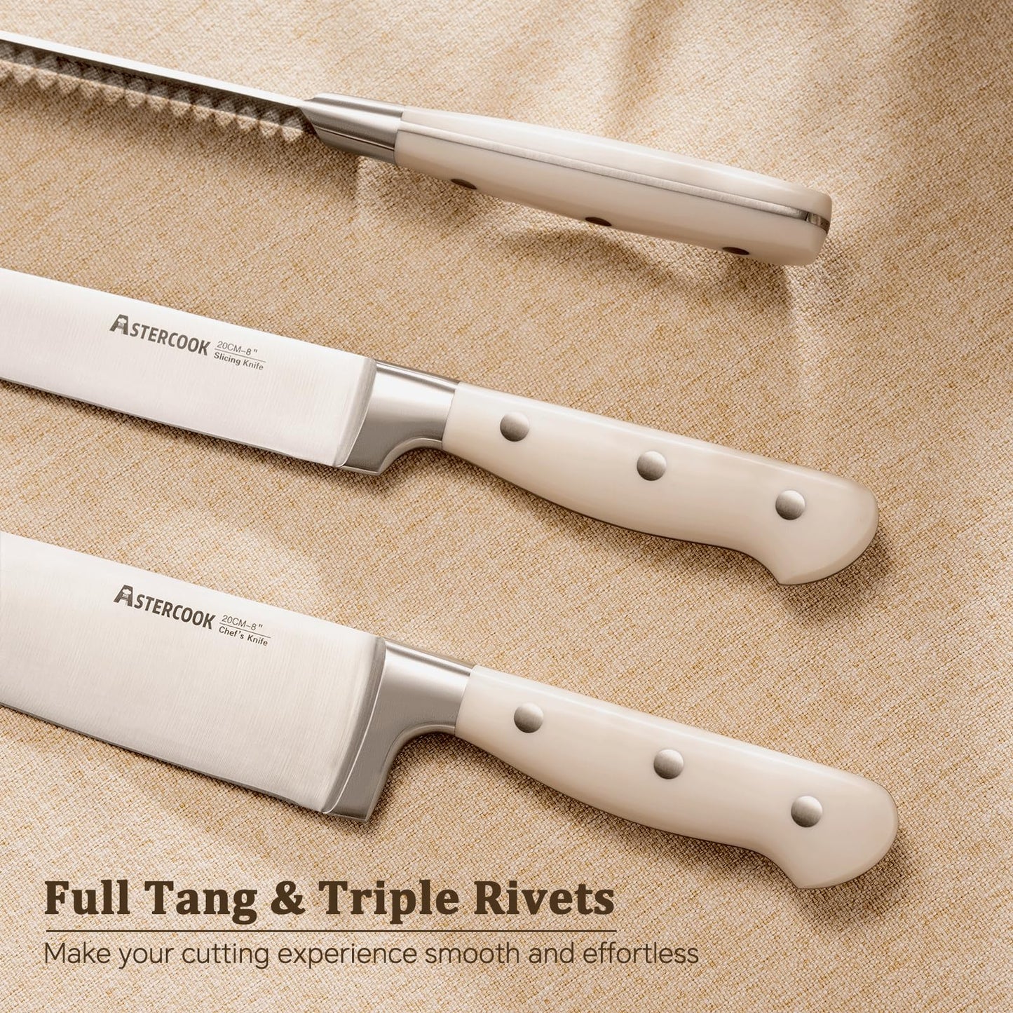 Knife Set,Astercook Kitchen Knife Set with Block 22-Piece Full Tang Stainless Steel Knives with Sharpener Dishwasher Safe and Anti-Slip Ergonomic Handle Elegant Cream White Utensils Set