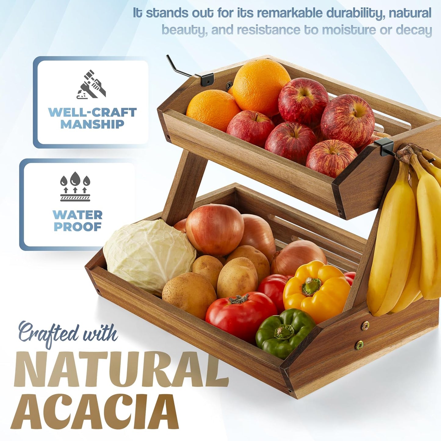 Supper Large Size Fruit Basket, Fruit Bowl, 2 Tier Fruit Basket with Banana Holder, Fruit Stand Storage Holder, Multipurpose/Large Capacity for Fruit, Vegetables, Bread Storage & Home Kitchen