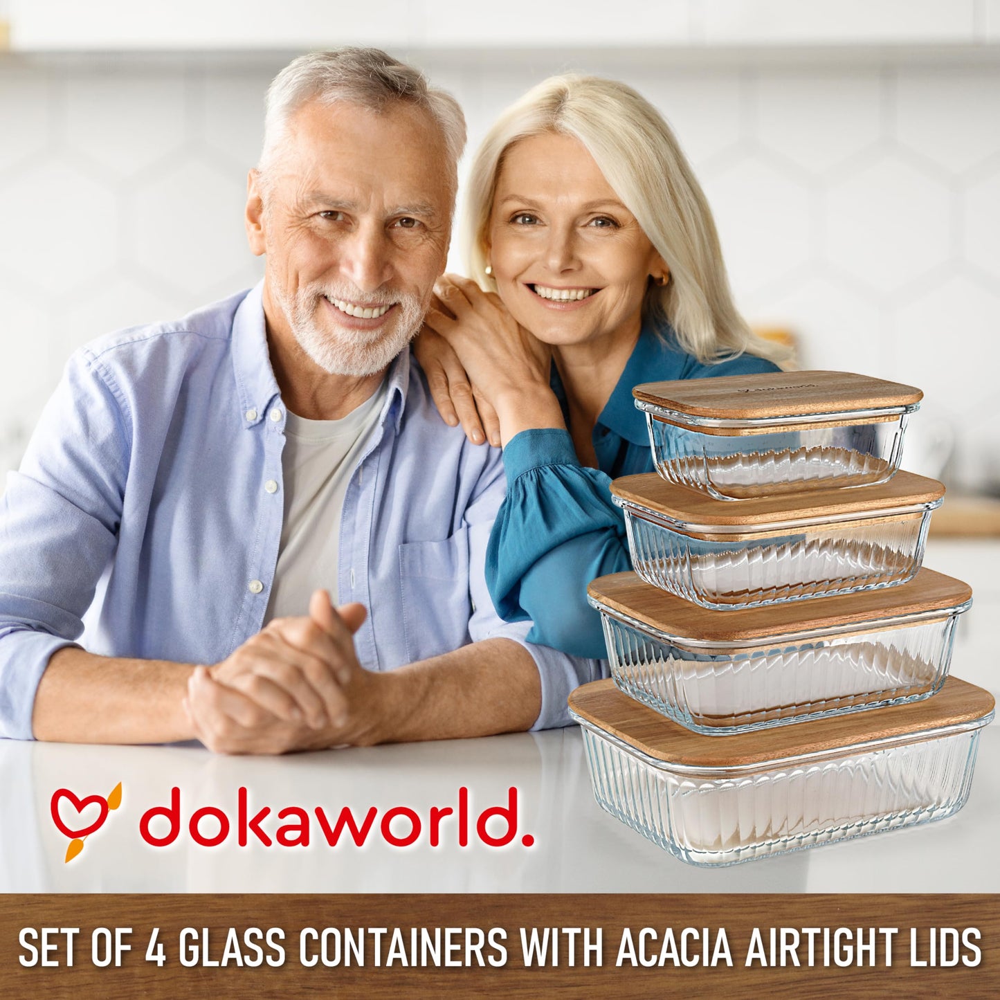 Glass Container Set with Acacia Lids - 4 Stackable Meal Prep Containers. Durable heat resistant Inert Borosilicate Glass