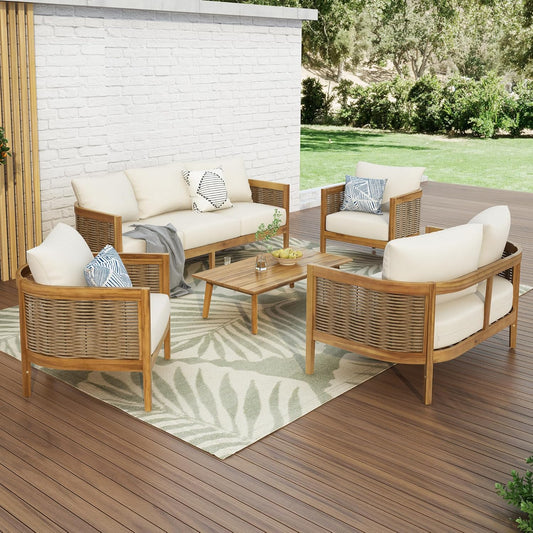 5-Piece Outdoor Acacia Wood Wicker Set