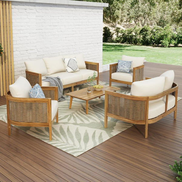 5-Piece Outdoor Acacia Wood Wicker Set