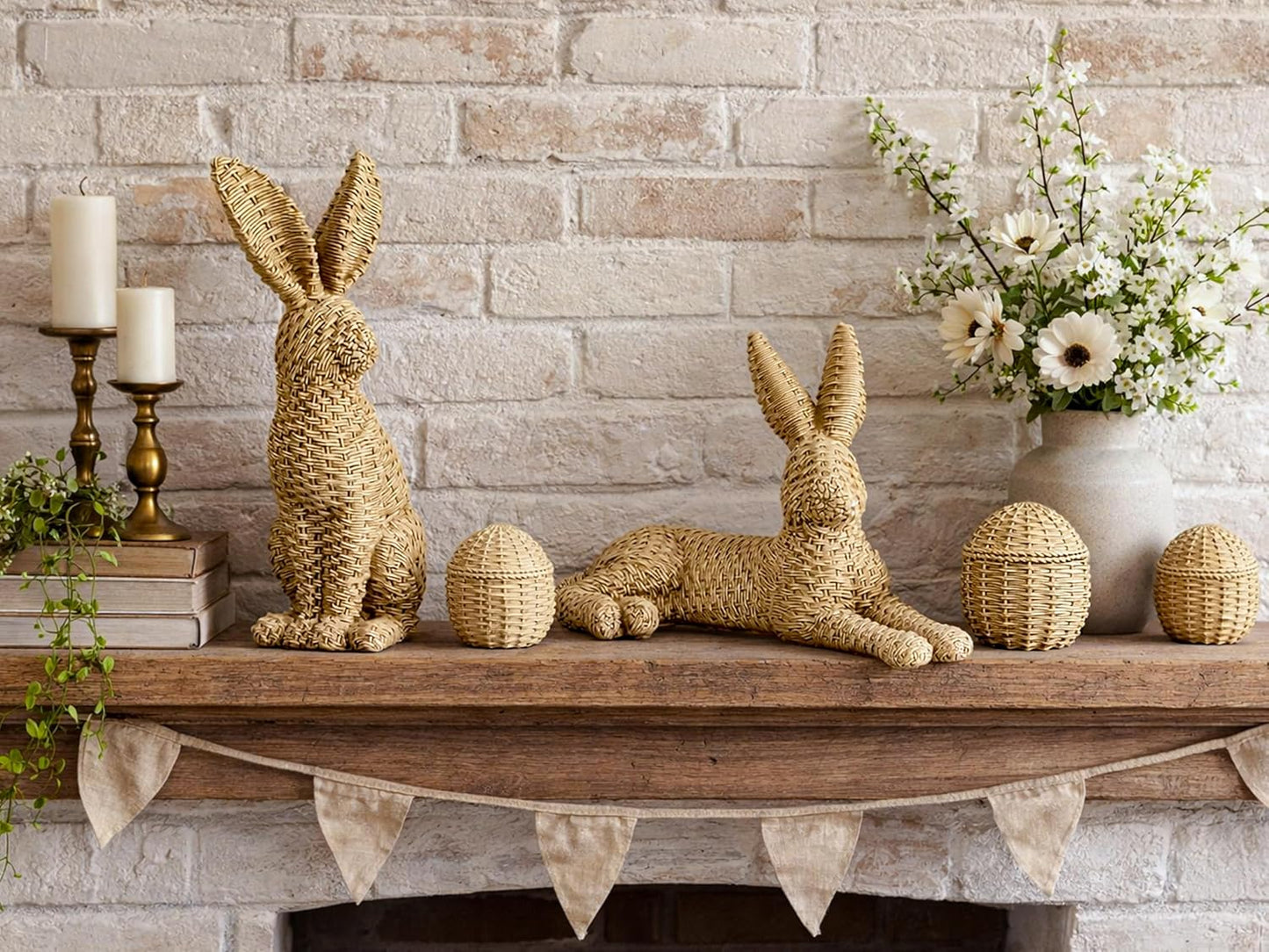 Easter Decorations for Home – 5 Pieces Rattan Effect Bunny & Egg Set, Easter Bunny Figurines with Rattan Decor Style for Easter Table Decor & Spring Home Decorations