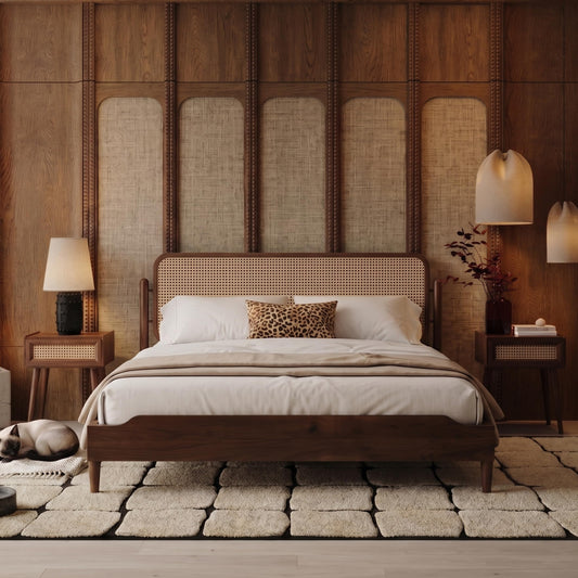 King Platform Bed with Natural Rattan Headboard