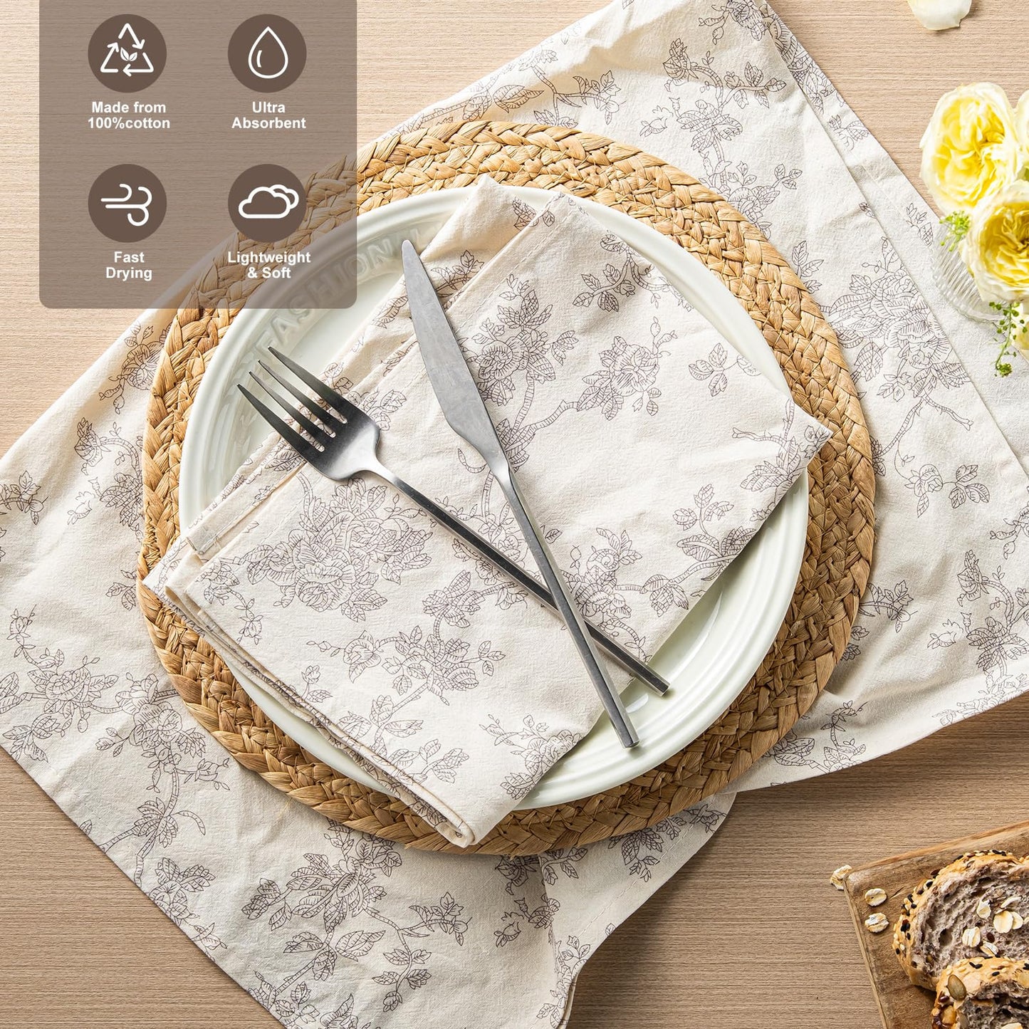 100% Cotton French Pastoral Kitchen Towels Set of 2, Decorative Flour Sack Tea Towels with Hanging Loop 18x25 Inch Absorbent Dish Cloths Farmhouse Home Decor, Brown