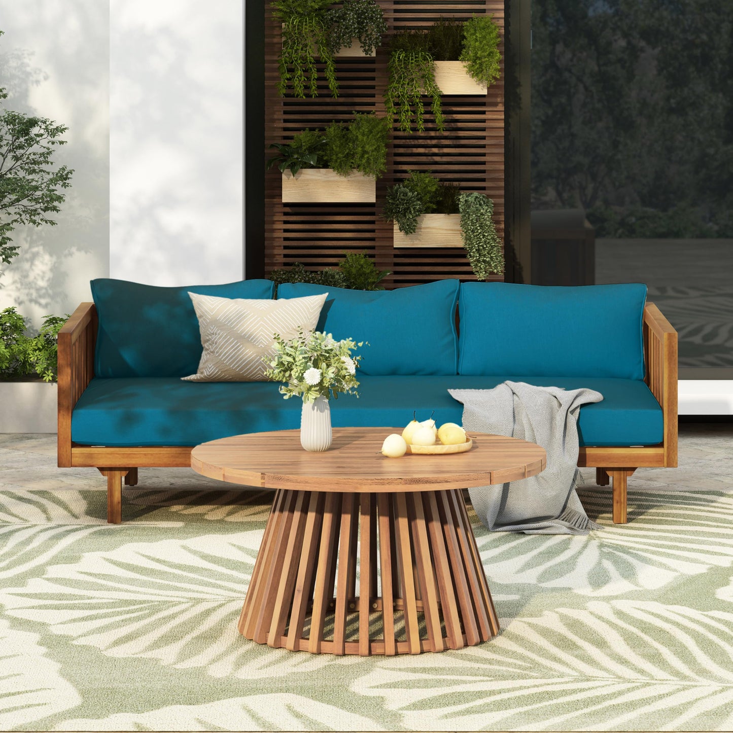 Outdoor Acacia Wood Conversation Set, 3-Seat Loveseat Sofa w/Cushion and Round Coffee Table for Backyard, Patio Furniture, Teak+Beige