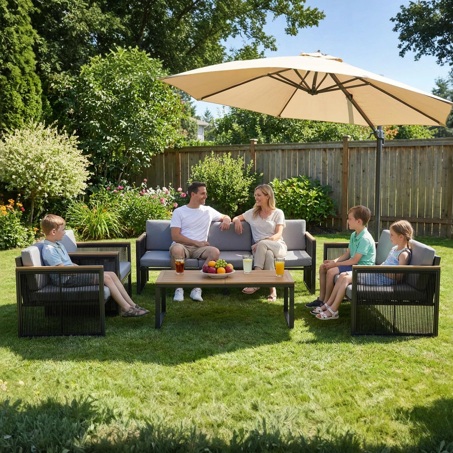 5 Piece Patio Conversation Set for 7, Modular Patio Sofa Couch with Cushions, Rattan Outdoor Patio Furniture Set with Loveseat/Coffee Table, Outdoor Sectional Furniture for Deck/Porch, Beige