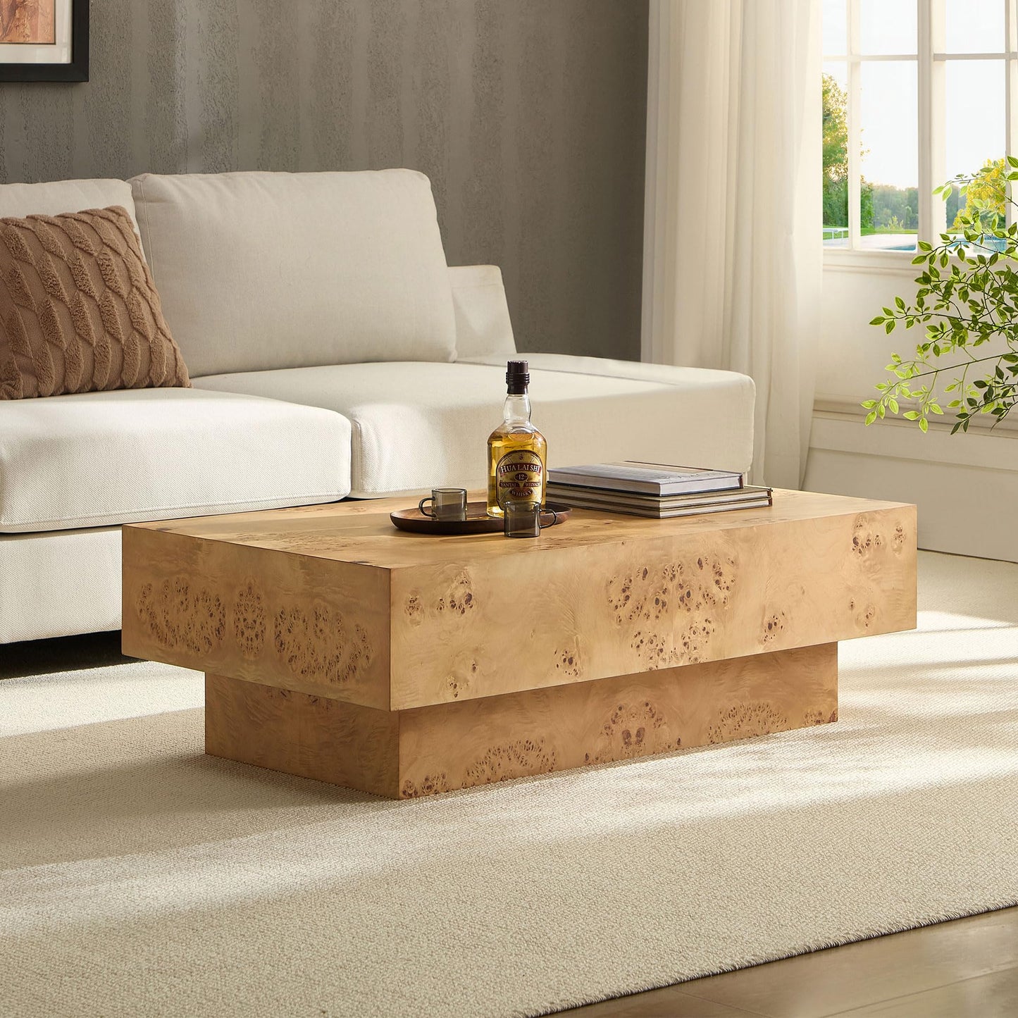 WILLIAMSPACE 43.31" Rectangle Coffee Table with Burl Wood Veneer & Sturdy Base, Modern Luxury Wood Drum Center Table End Table Accent Side Table for Living Room, Minimalist Fluted Design, Oak