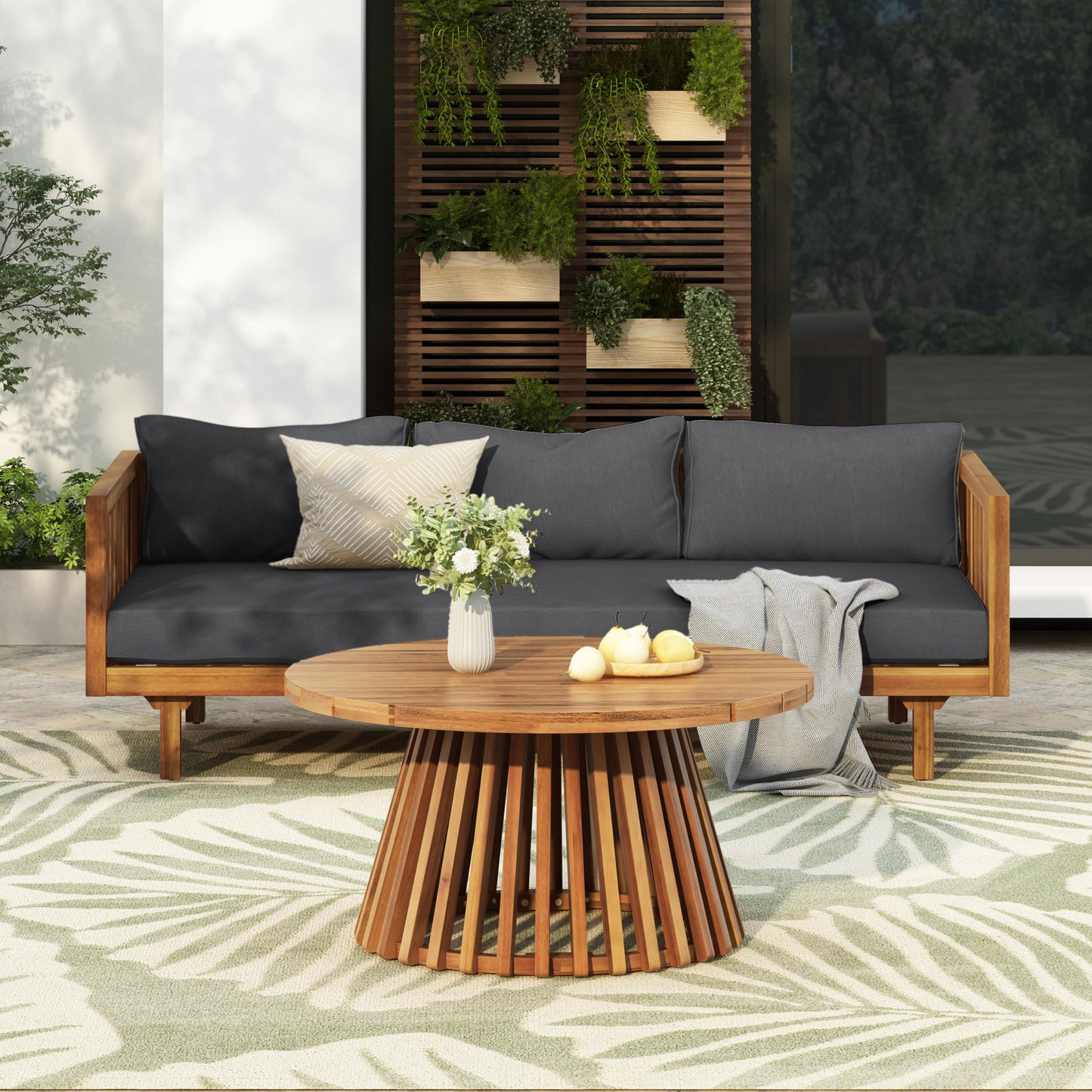 Outdoor Acacia Wood Conversation Set, 3-Seat Loveseat Sofa w/Cushion and Round Coffee Table for Backyard, Patio Furniture, Teak+Beige