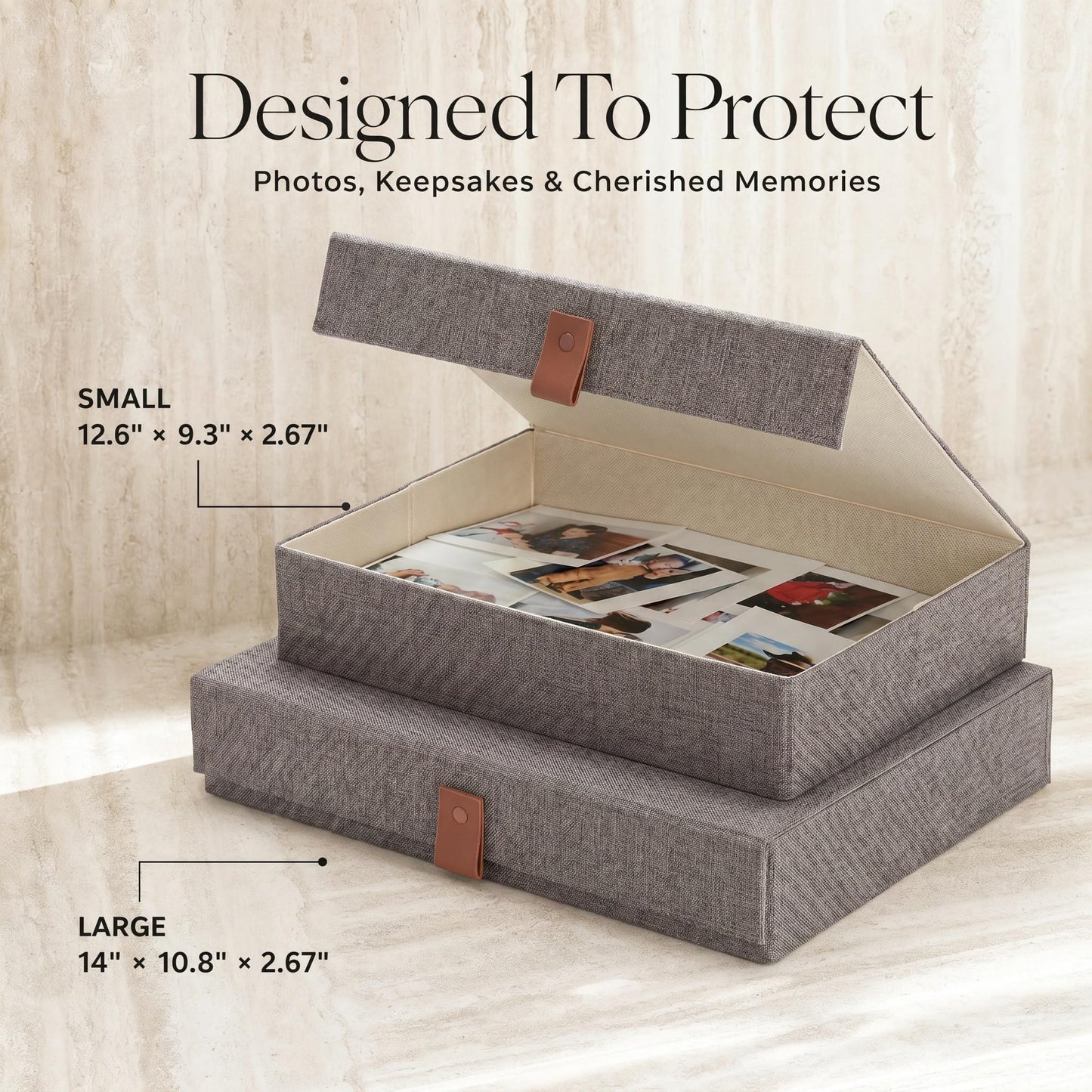 Decorative Photo Storage Boxes with Lids - Set of 2 Beautiful Linen Organizers Are Perfect to Safely Store Your Pictures, Documents, Scrapbooking Supplies, Keepsakes and Other Memories in Style
