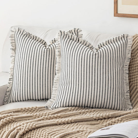 Throw Pillow Covers 18x18 Set of 2 Striped Fringe