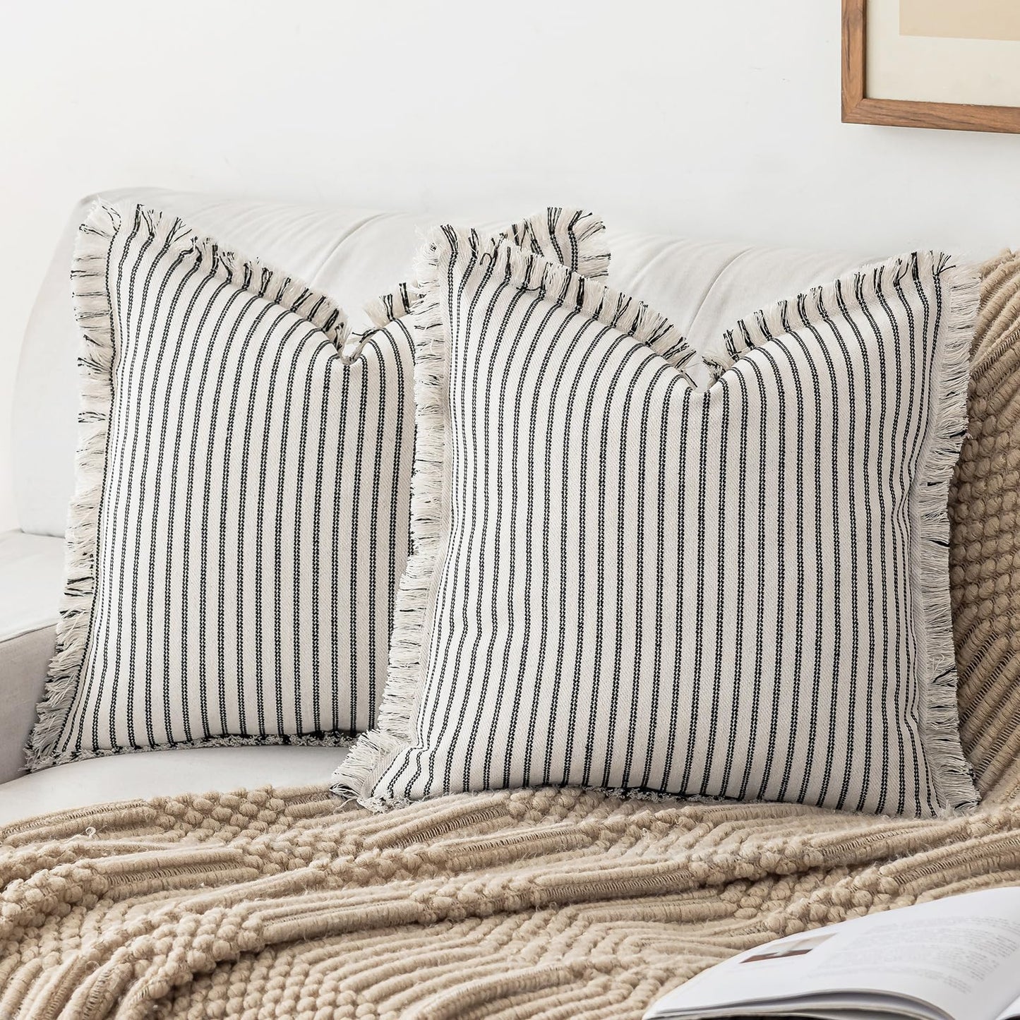 Throw Pillow Covers 18x18 Set of 2 Striped Fringe