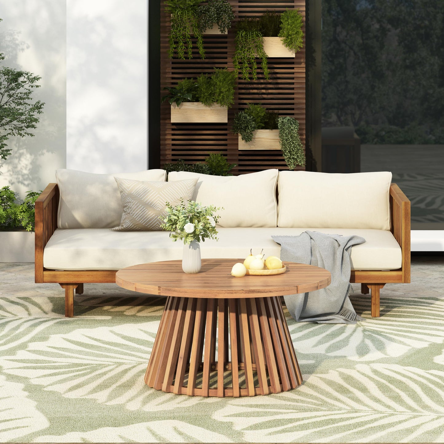 Outdoor Acacia Wood Conversation Set, 3-Seat Loveseat Sofa w/Cushion and Round Coffee Table for Backyard, Patio Furniture, Teak+Beige