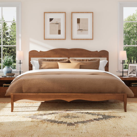 King Wood Bed Frame with Rattan Headboard