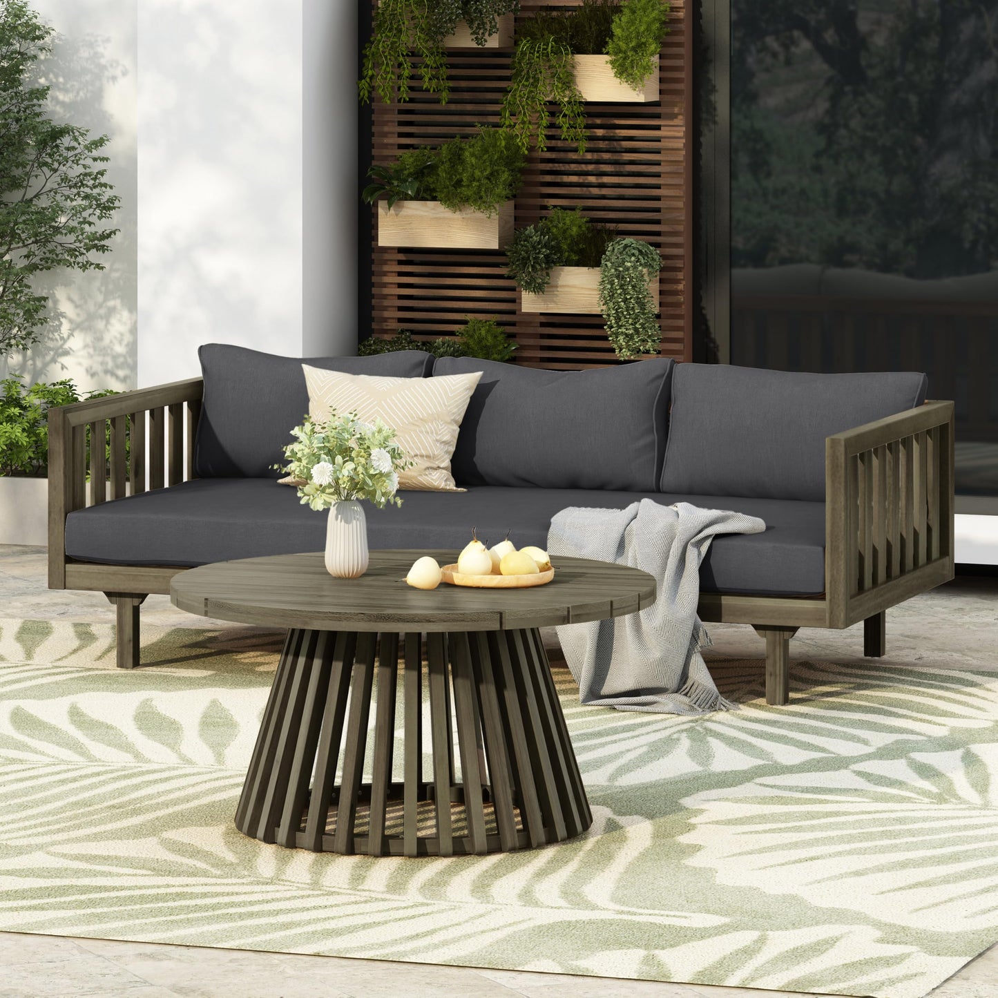Outdoor Acacia Wood Conversation Set, 3-Seat Loveseat Sofa w/Cushion and Round Coffee Table for Backyard, Patio Furniture, Teak+Beige